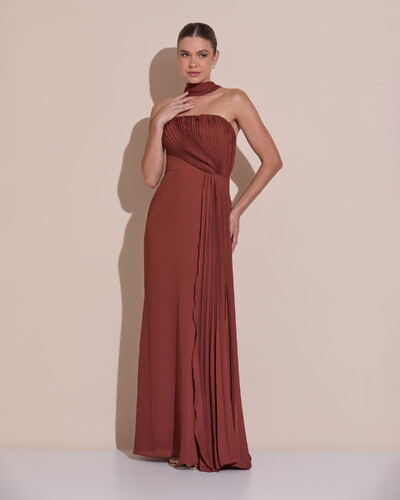 Foto Vestido de Festa Longo Tomara Que Caia Crepe Chiffon Plissado Lenço Marrom New