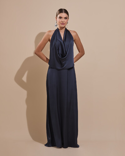 Foto Vestido de Festa Longo Cetim Fluido Frente Única Degagê Mil Formas Azul Marinho