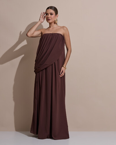 Foto Vestido de Festa Longo Tomara Que Caia Crepe Chiffon Drapeado Marrom