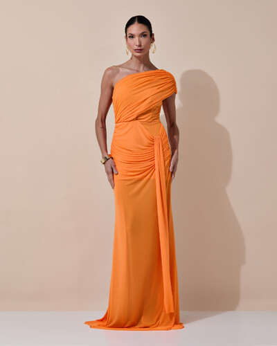 Foto Vestido de Festa Longo Um Ombro Só Tule Drapeado Faixa Laranja New