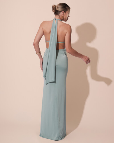 FotoVestido de Festa Longo Malha Jersey Gola Alta Saia Sereia Verde Menta