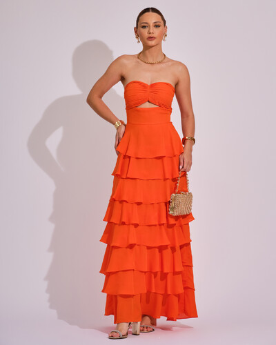 Foto Vestido Longo Crepe Chiffon Tomara que Caia Plissado em Camadas Laranja