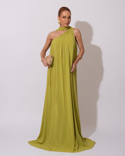 Foto Vestido de Festa Longo Crepe Fluido um Ombro Só com Lenço Verde Pistache