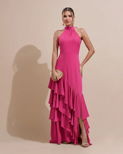 Foto Vestido de Festa Longo Chiffon Crepe Gola Alta Babados Pink New