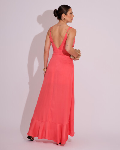 FotoVestido Midi Babado Acetinado Coral