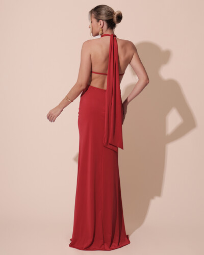 FotoVestido de Festa Longo Malha Jersey Gola Alta Saia Sereia Vermelho Escuro