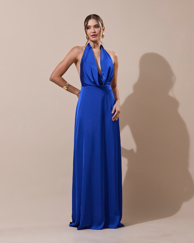 Foto Vestido de Festa Longo Frente Única Degagê Cetim Fluido Azul Royal