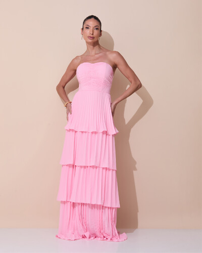 Foto Vestido de Festa Longo Tomara que Caia Crepe Chiffon Plissado Camadas Rosa Claro