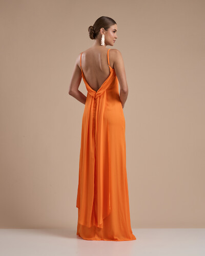 FotoVestido de Festa Longo Crepe Chiffon Costas Lenço Cauda Laranja