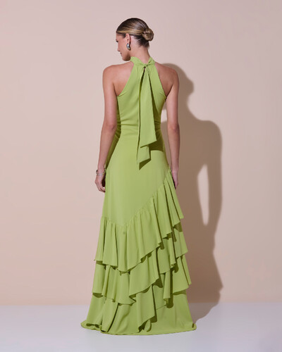 Foto Vestido de Festa Longo Chiffon Crepe Gola Alta Babados Verde Claro