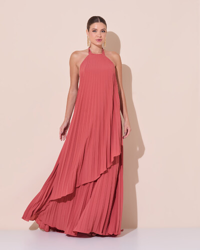 Foto Vestidos de Festa Longo Chiffon Fluido Frente Única Plissado Duplo Terracota
