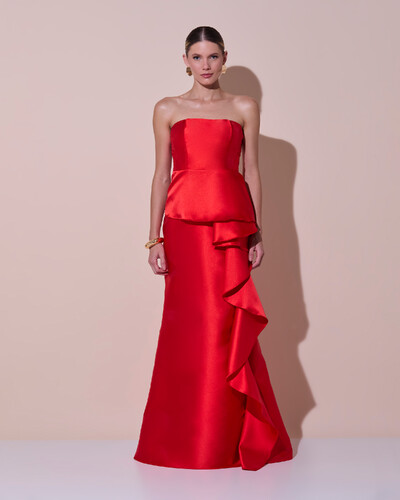 Foto Vestido de Festa Longo Tomara que Caia Babado Cascata Vermelho New