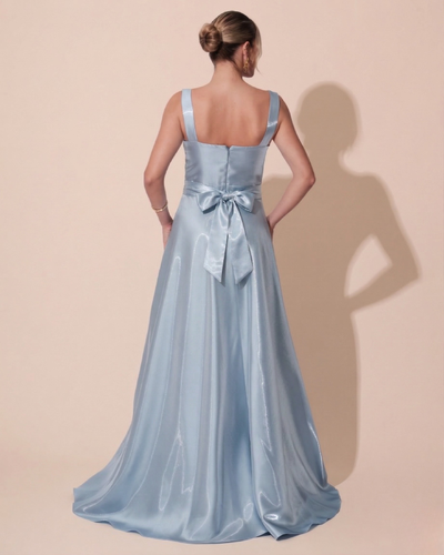 FotoVestido de Festa Longo Zibeline Cristal com Fenda e Faixa Azul Serenity