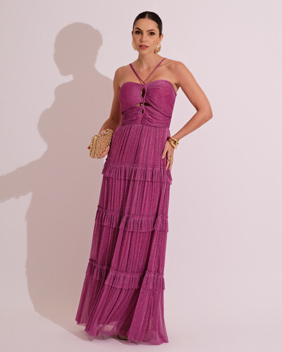 Foto Vestido de Festa Longo Tule com Saia Babado Fúcsia