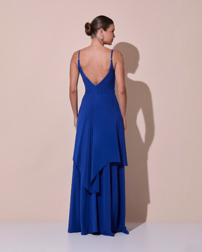 Foto Vestido de Festa Longo Decote Coração Plissado Crepe Chiffon Babados Cascata Azul Royal