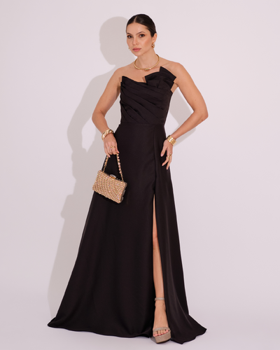 Foto Vestido de Festa Longo Alfaiataria Tomara que Caia com Fenda Detalhe Preto