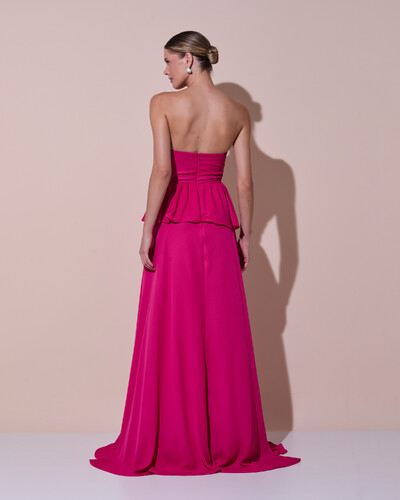 Foto Vestido de Festa Longo Crepe Chiffon Tomara que Caia Peplum Drapeado Pink Escuro