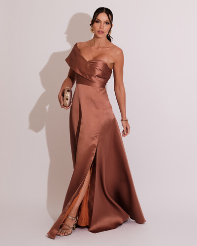 Foto Vestido de Festa longo Faixa Ombro e Fenda Zibeline Mocha Mousse