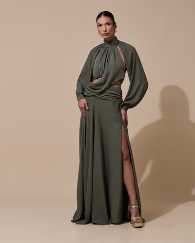Foto Vestido de Festa Longo Gola Alta Crepe Chiffon Recortes Drapeado Manga Longa Fenda Verde Oliva