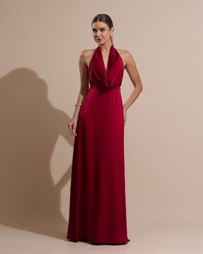 Foto Vestido de Festa Longo Frente Única Degagê Cetim Fluido Marsala