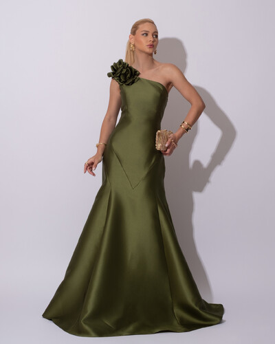 Foto Vestido de Festa Longo Zibeline um Ombro Só Flor Removível Saia Sereia Verde Oliva