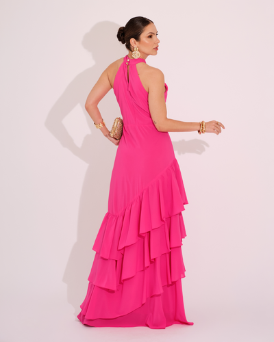 FotoVestido de Festa Longo Decote Halter com Babados Pink