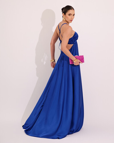 FotoVestido de Festa Longo Cetim Fluido Frente Única Costa Cruzada Azul Royal