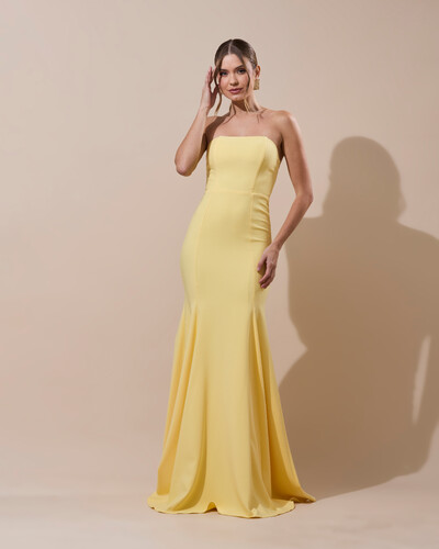 Foto Vestido de Festa Longo Alfaiataria Tomara que Caia Saia Sereia Azul Amarelo Manteiga