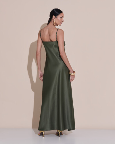 Foto Vestido de Festa Midi Drapeado Cetim Verde Oliva