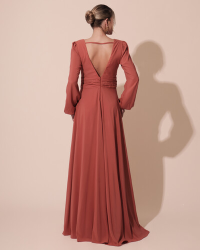 FotoVestido de Festa Manga Longa com Cintura Drapeada Decote V Terracota