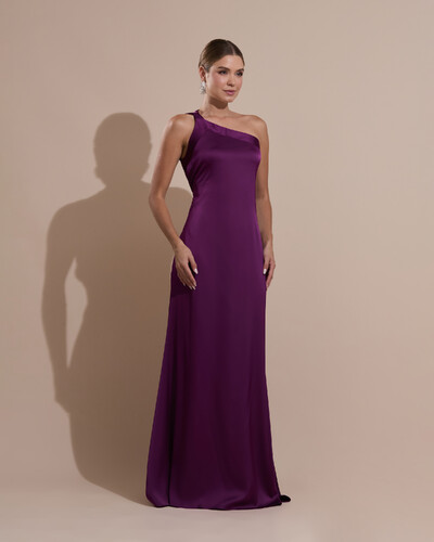 Foto Vestido de Festa Longo Cetim Fluido Um Ombro Só Amarração Costas Roxo