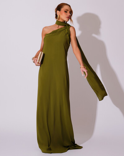 Foto Vestido de Festa Longo Crepe Chiffon Um Ombro Só Drapeado Verde Oliva