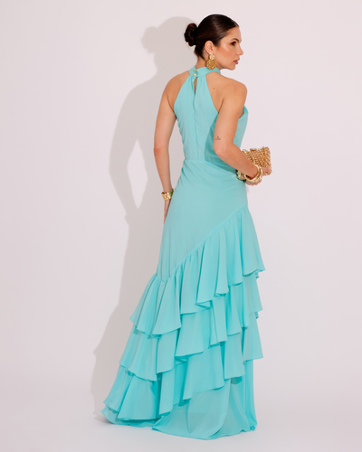 FotoVestido de Festa Longo Decote Halter com Babados Tiffany
