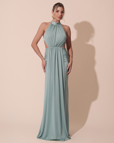 Foto Vestido de Festa Longo Malha Jersey Gola Alta Saia Sereia Verde Menta