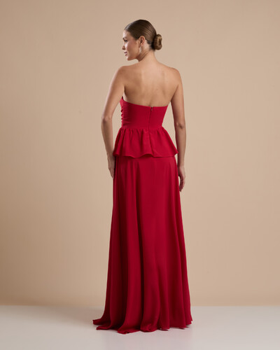 FotoVestido de Festa Longo Crepe Chiffon Tomara que Caia Peplum Drapeado Vermelho
