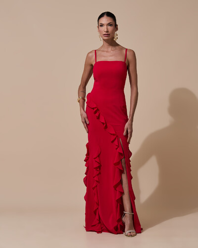 Foto Vestido de Festa Longo Alças Finas Crepe Chiffon Babado Cascata Fenda Costas V Vermelho