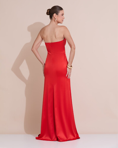 Foto Vestido de Festa Longo Cetim Alfaiataria Tomara que Caia Fenda Vermelho