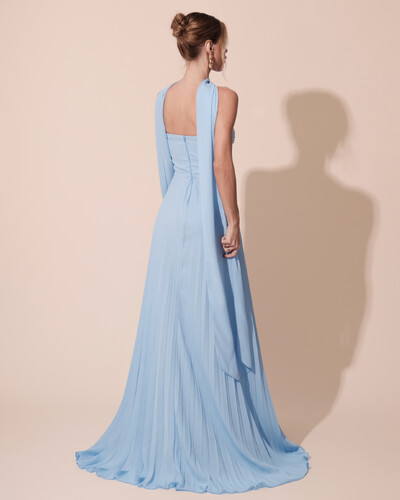 FotoVestido de Festa Longo Tomara que Caia Plissado com Lenço Azul Serenity