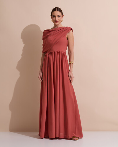 Foto Vestido de Festa Longo Um Ombro Só Crepe Chiffon Capa Drapeado Terracota