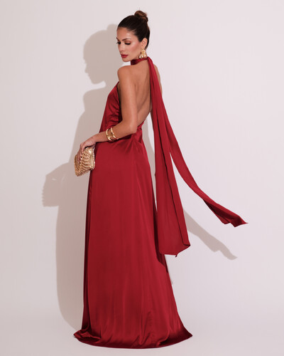 FotoVestido de Festa Gola Alta com Decote nas Costas Acetinado Marsala Escuro