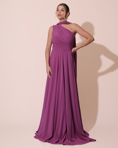 Foto Vestido de Festa Longo Crepe Chiffon Um Ombro Só Drapeado com Lenço Fúcsia