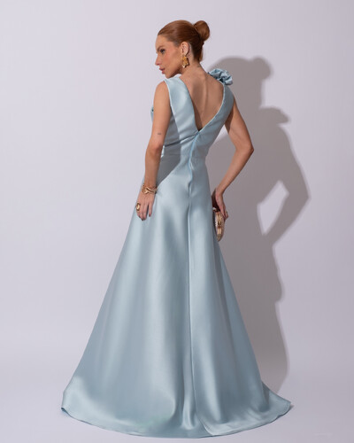 FotoVestido de Festa longo Zibeline Decote em V com Flores Removivel Tiffany