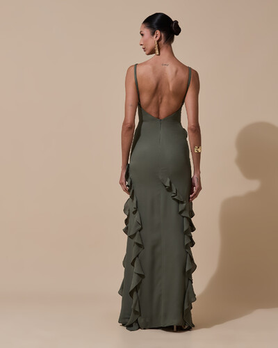 Foto Vestido de Festa Longo Alças Finas Crepe Chiffon Babado Cascata Fenda Costas V Verde Oliva
