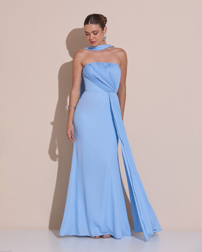 Foto Vestido de Festa Longo Tomara Que Caia Crepe Chiffon Plissado Lenço Lenço Serenity