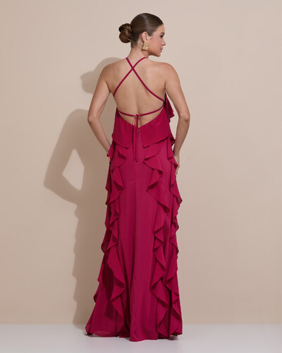 Foto Vestido de Festa Longo Crepe Chiffon Frente Única Babados Cascata e Flor Cereja