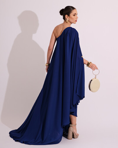FotoVestido de Festa um Ombro com Capa Crepe Fluido Azul Marinho
