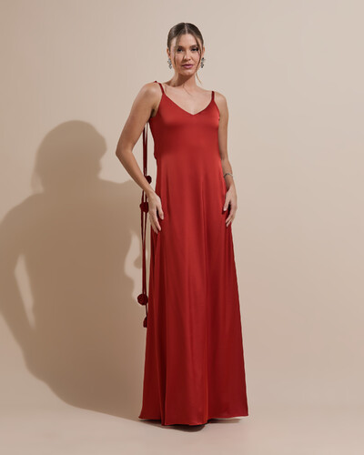 Foto Vestido de Festa Longo Decote Degagê Costas Cetim Flores 3D Alças Terracota