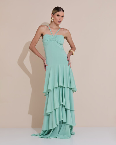 Foto Vestido Longo Crepe com Babado em Camadas Verde Menta