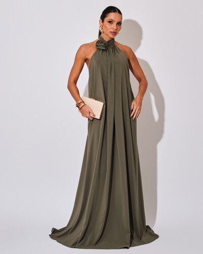Foto Vestido Longo Crepe Chiffon Frente Única Fluido Flor Removível Verde Oliva