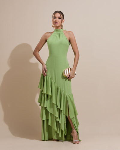 Foto Vestido de Festa Longo Chiffon Crepe Gola Alta Babados Verde Garden